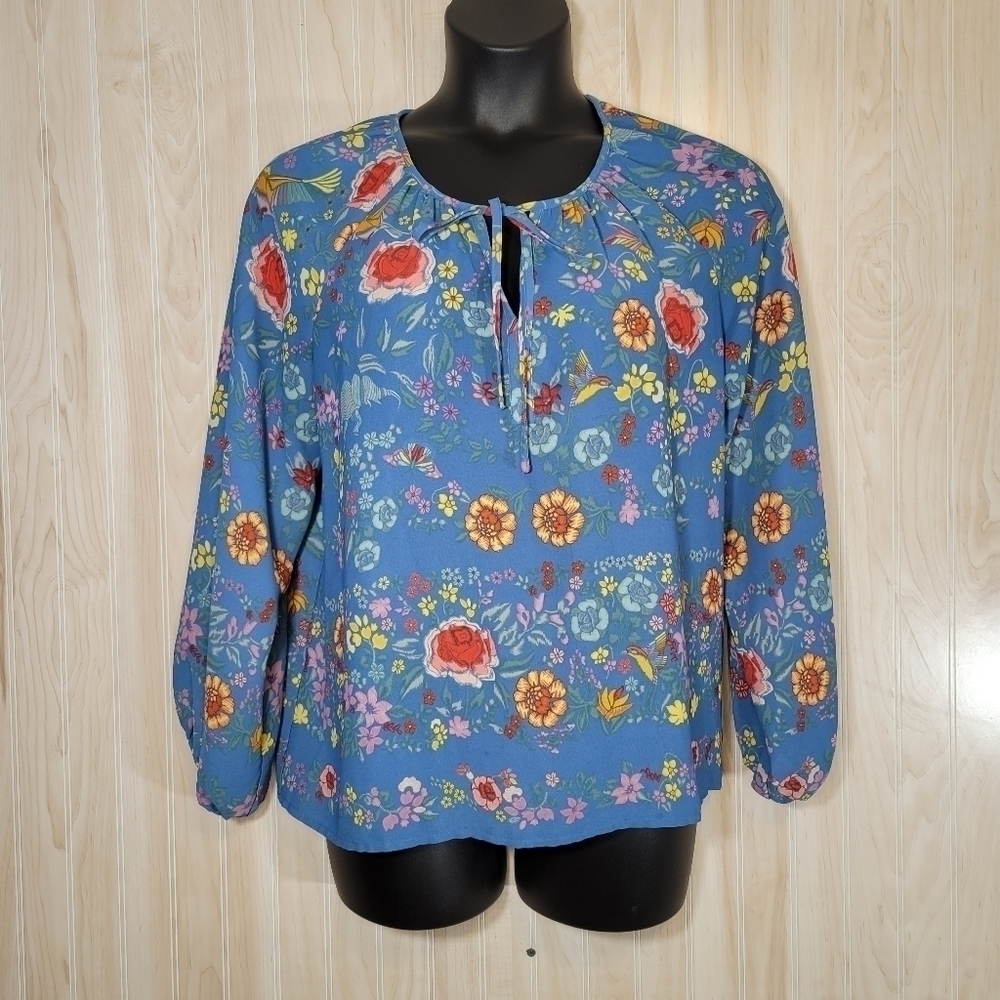 Dalia Blue Floral Boho Blouse Top Sz Lg